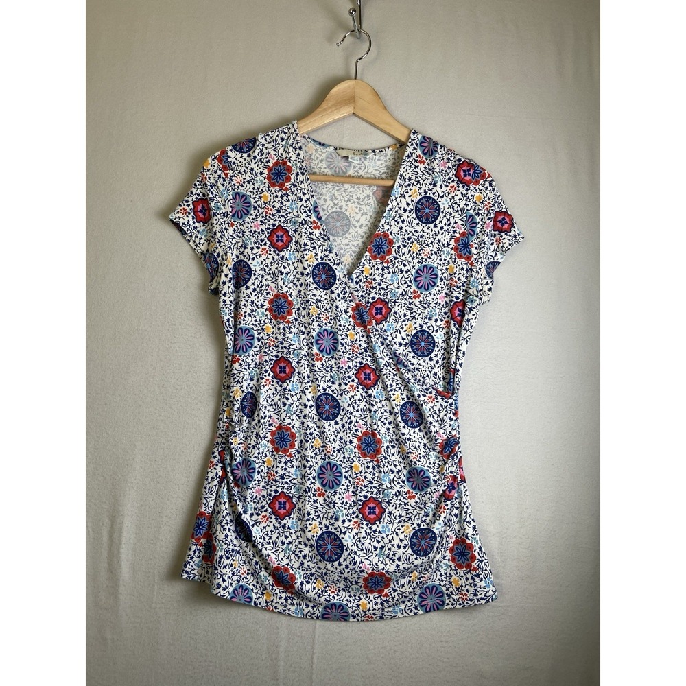 Boden Top Womens Size 10 Multicolor Surplice Faux Wrap Stretch Floral Ruched